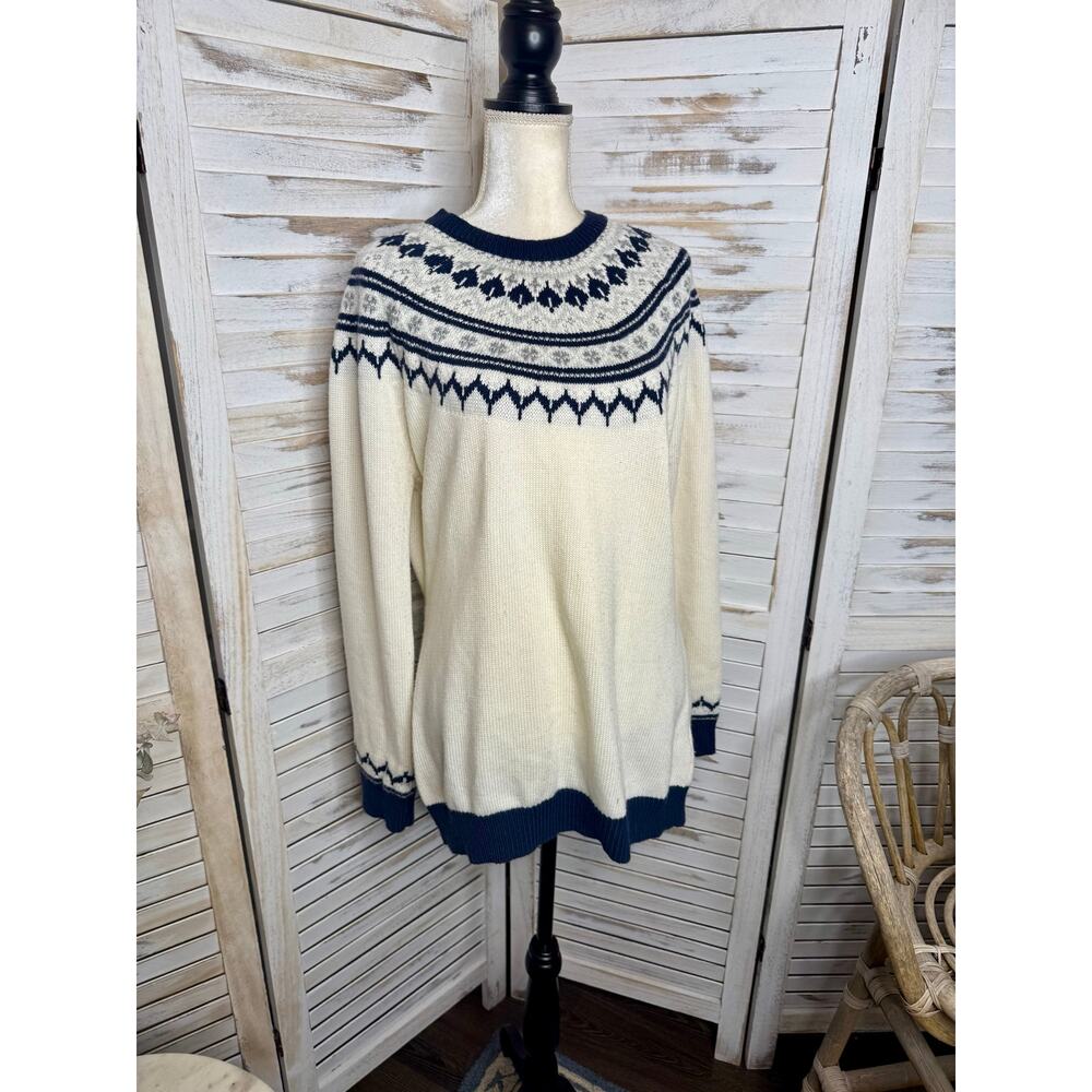 AMOUR VERT Women's XL Whistler Nordic Fair Isle Ribbed Knit Sweater Navy Cream - Picture 4 of 13